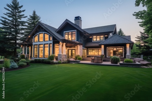The recently constructed luxurious home boasts an attractive outer appearance, complemented by a well maintained yard featuring lush green grass and meticulously designed landscaping. © 2rogan