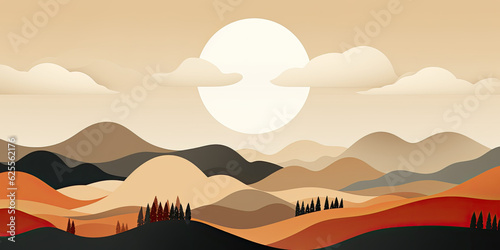 Mountain  hills  sun  moon landscape  Paper cut style  Flat abstract design illustration