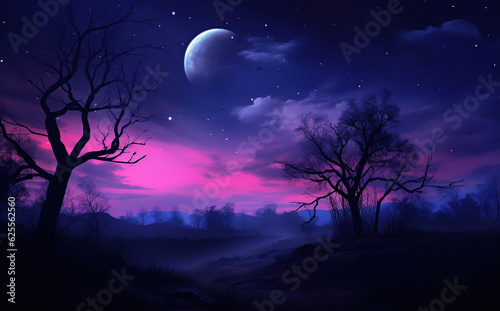 halloween purple background with spooky leafless tree full moon in the night sky Generative AI © Paula