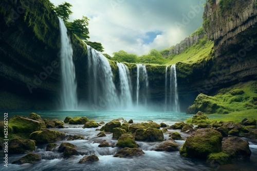 Landscape photography of majestic waterfalls, Generative AI