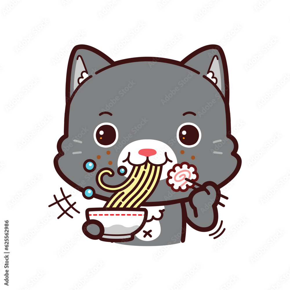 Cute Little Black Cat Eating Ramen Noodles. Kawaii Vector Cute Little Black Cat Eating Ramen Noodles. Kawaii Vector