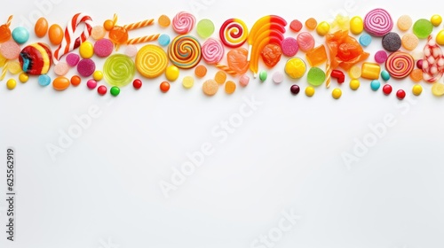 Mixed colorful jelly candies isolated on white, with text space can use for advertising, ads, branding