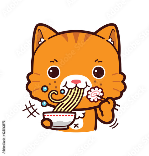 Cute Little Orange Cat Eating Ramen Noodles. Kawaii Vector