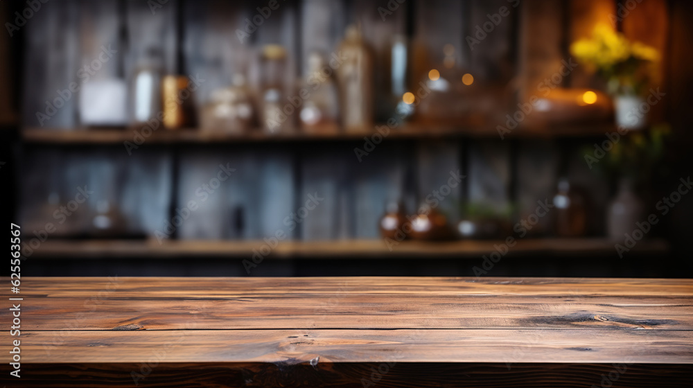 a front view of a dark rustic brown, empty wooden table for product placement with blurry background, serving as a blank wood table mockup, Ai generative
