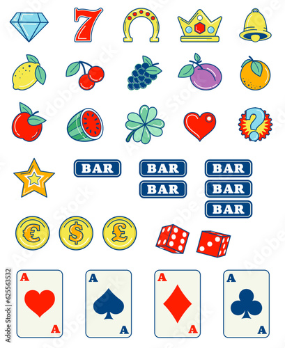 Casino lot machine symbols set icons