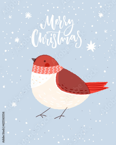 Blue Christmas card with cute red bird and hand lettering text Merry Christmas. Vector illustrated greetings