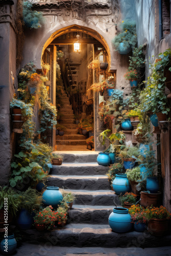 Steps leading to open door and potted plants. French countryside. Generative AI © piai