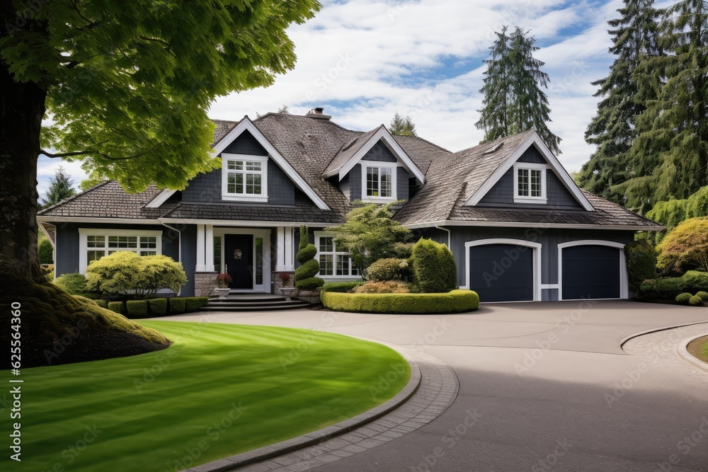 A residential neighborhood showcases a beautiful custom made luxurious home, complete with a meticulously groomed front yard lawn and driveway leading to a garage.