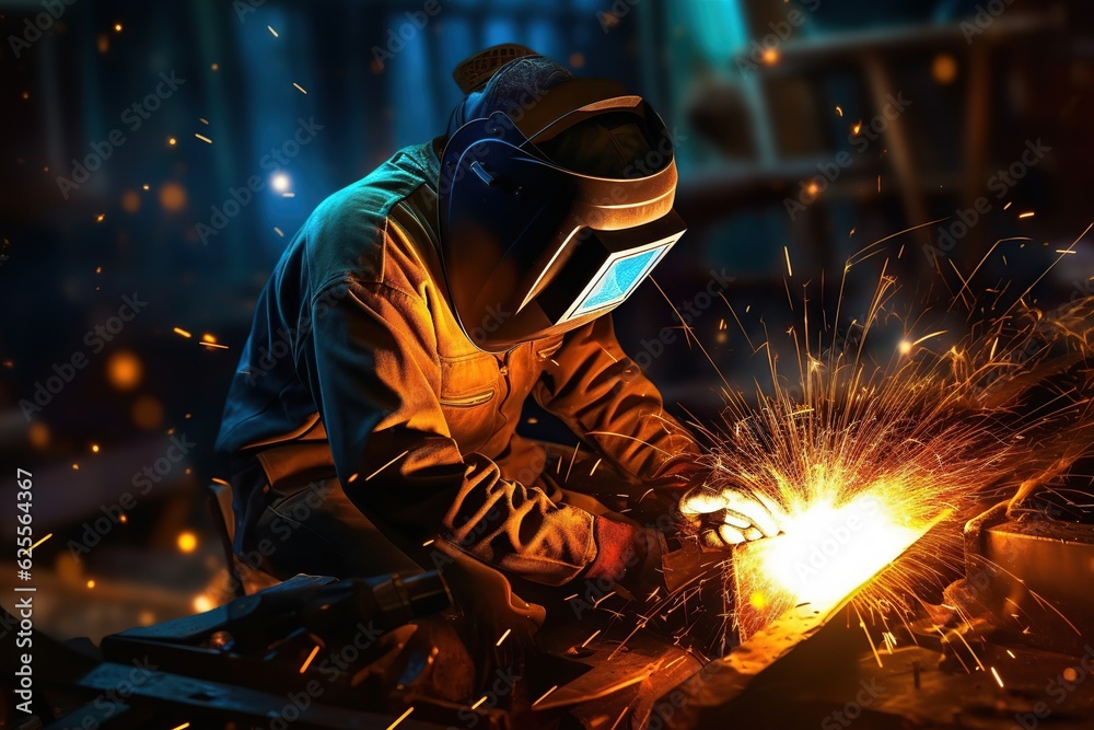 Welder welding steel in a factory , Industrial Worker at the factory welding closeup Welder welding steel in a factory , Industrial Worker at the factory welding closeup