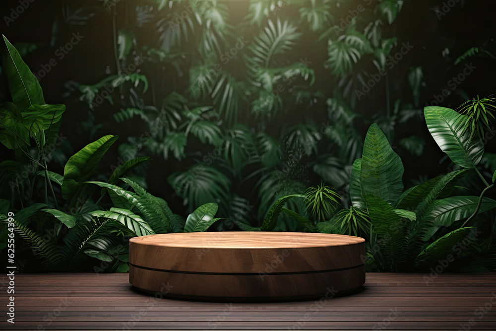 An empty wooden plate in front of a tropical leaf theme product stage for displaying products.