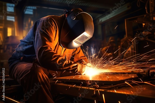 Welder welding steel in a factory , Industrial Worker at the factory welding closeup