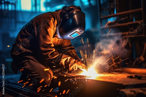 Welder welding steel in a factory , Industrial Worker at the factory welding closeup