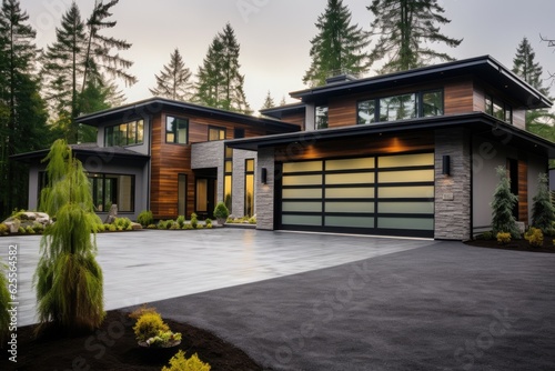 Obraz na plátně Aesthetically appealing new home with a modern design in brown and beige tones, featuring two garages and a concrete driveway in the Northwest region of the USA
