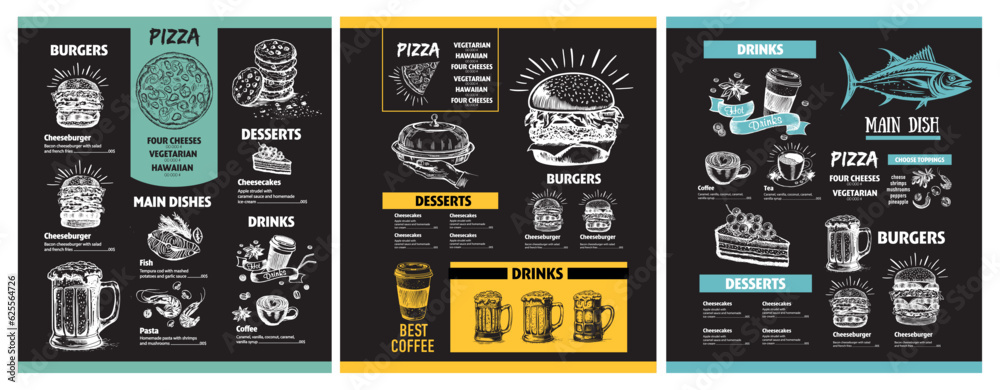 Menu restaurant brochure. Flyer with hand-drawn graphic.