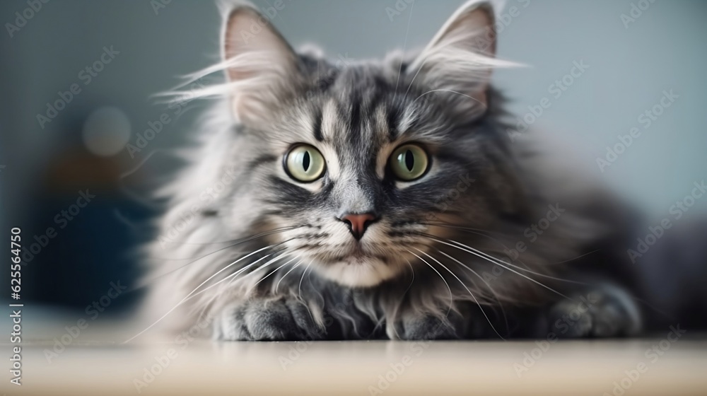 Funny large longhair gray kitten. Generative AI