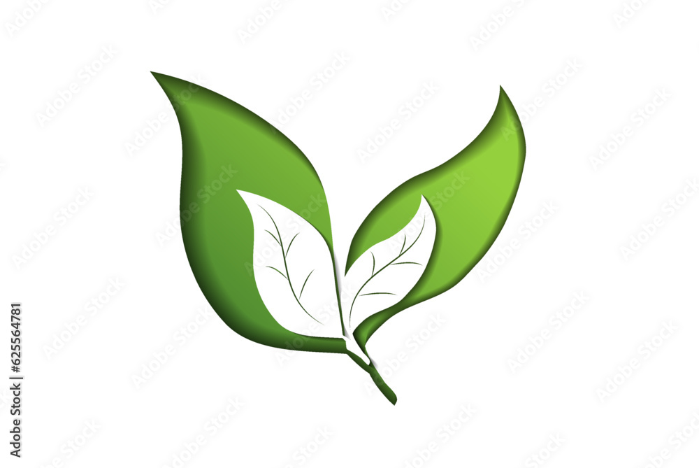 Eco friendly green logo on a white background with green leaves in paper cut style. The concept of green ecology, clean ecology, environmental friendliness of products, eco friendly