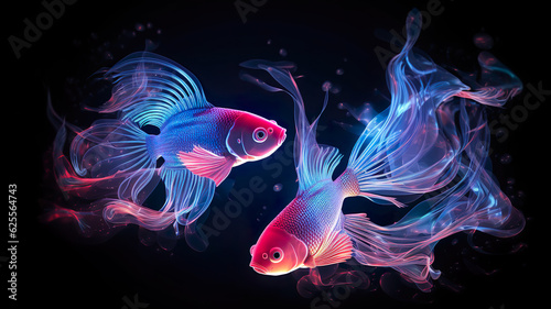 Fishes on black background in light painting style. Generative AI.