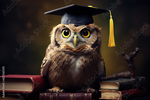 A whimsical owl wearing a graduation cap sits on a stack of books on a table.