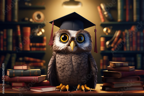 A whimsical owl in a graduation cap sits on a stack of books in front of a cabinet of educational books. Education and learning concept.