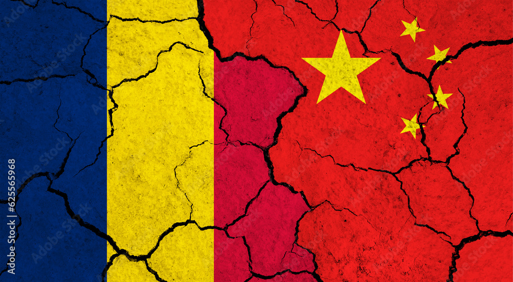 Flags of Chad and China on cracked surface - politics, relationship concept Flags of Chad and China on cracked surface - politics, relationship concept