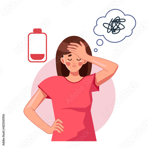 A sad tired woman with confused thoughts. Chaos in the head, loss of concentration, emotional burnout, neurosis, stress, fatigue. The concept of mental health preservation. Vector illustration