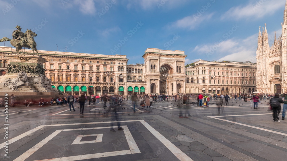 Panorama showing Milan Cathedral and Vittorio Emanuele gallery timelapse.