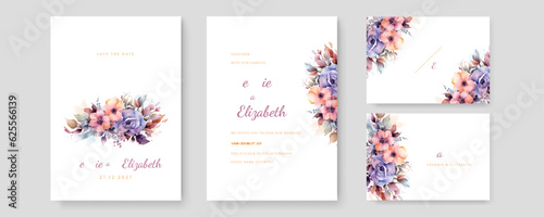 Floral watercolor wedding invitation template. Gold leave and flower background.