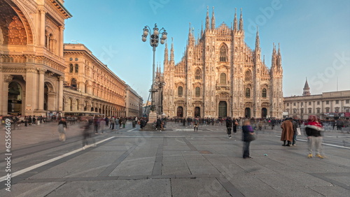 Panorama showing Milan Cathedral and Vittorio Emanuele gallery timelapse.