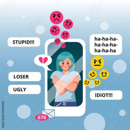 A young girl with a broken heart is crying on a smartphone screen because of hate speech on social networks. Victim of Internet bullying, cyberbullying. Vector conceptual illustration