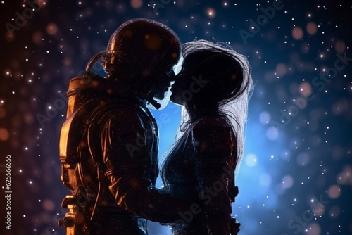 Astronaut kissing his girlfriend in the moonlight. Space background.