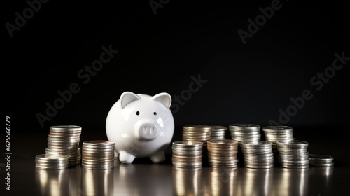 piggy bank with coin on the table with text space can use for advertising, ads, branding