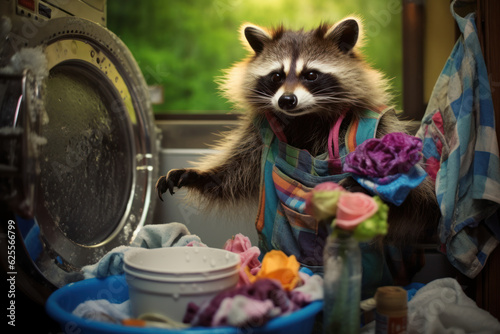 Funny colorful image of a raccoon in an apron washing things in the laundry room. photo