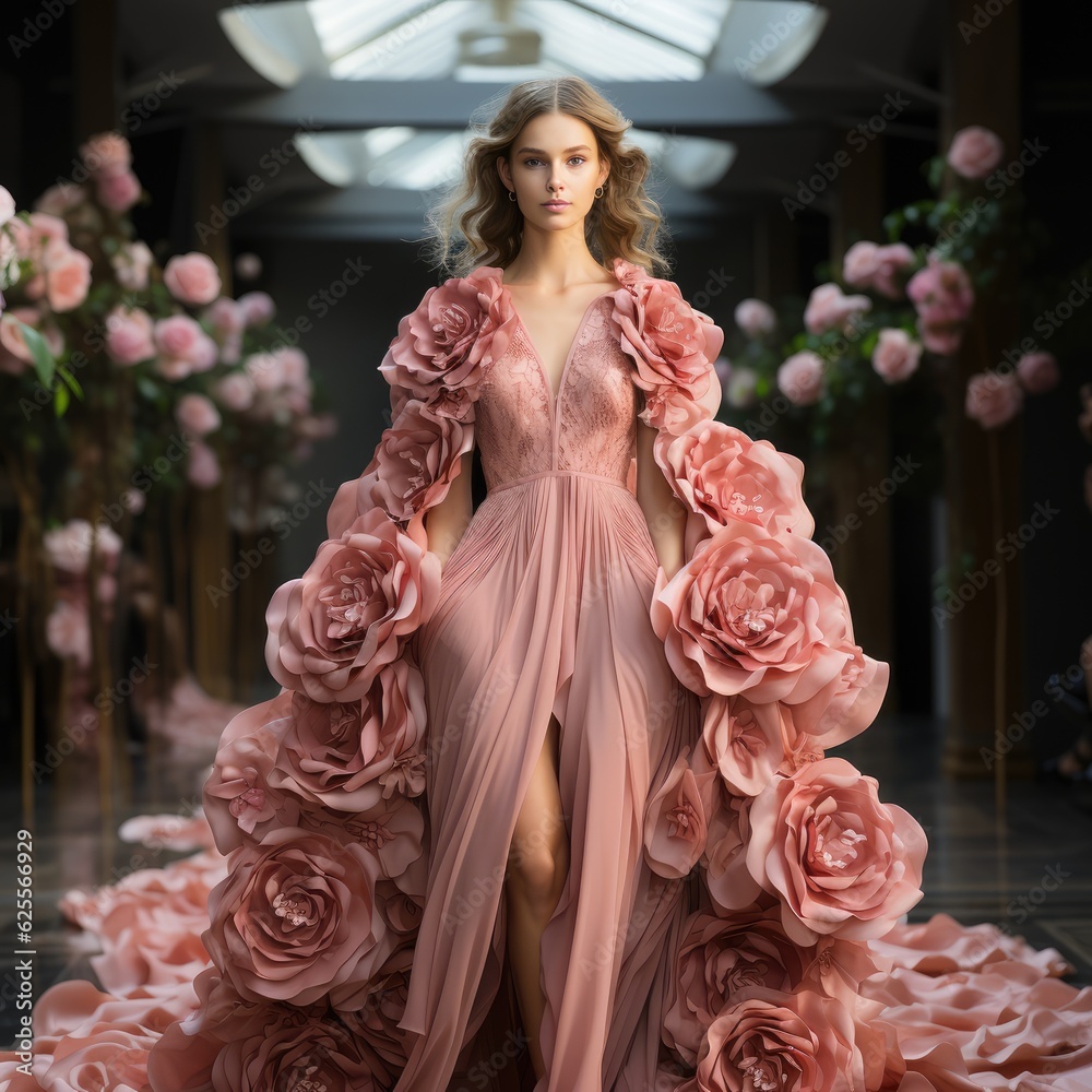 Beautiful blonde women in rose floral dress on fashion show. Beautiful blonde women in rose floral dress on fashion show.