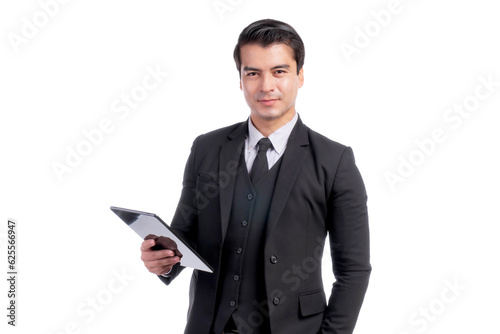 Business Asian man using smart phone tablet computer isolated on a transparent png background - lifestyle business people concept