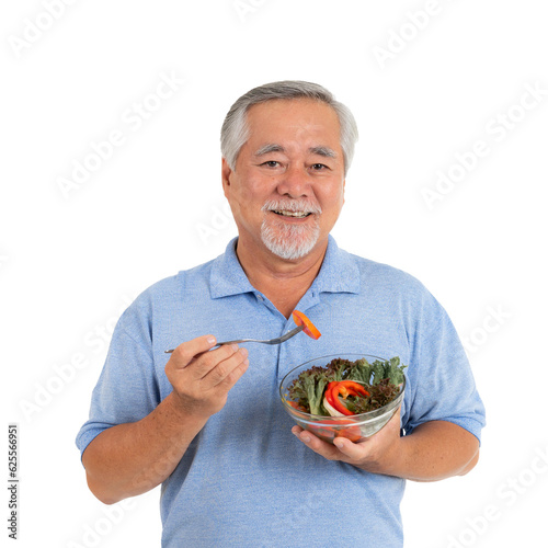 Lifestyle senior man feel happy enjoy eating diet food fresh salad isolated on white background