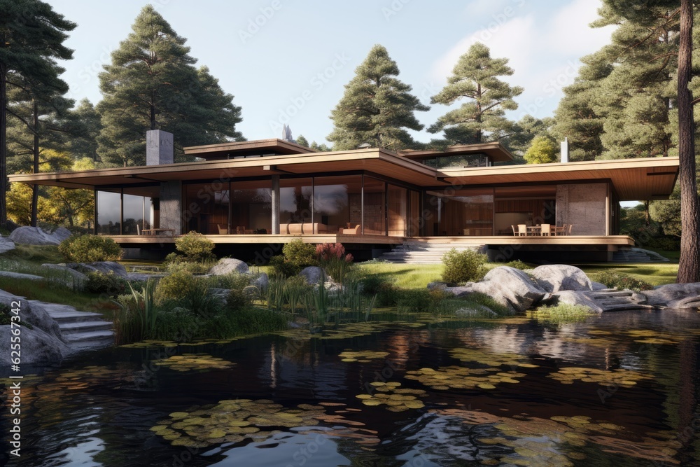 A beautiful natural setting encloses a large wooden residence. A beautiful natural setting encloses a large wooden residence.