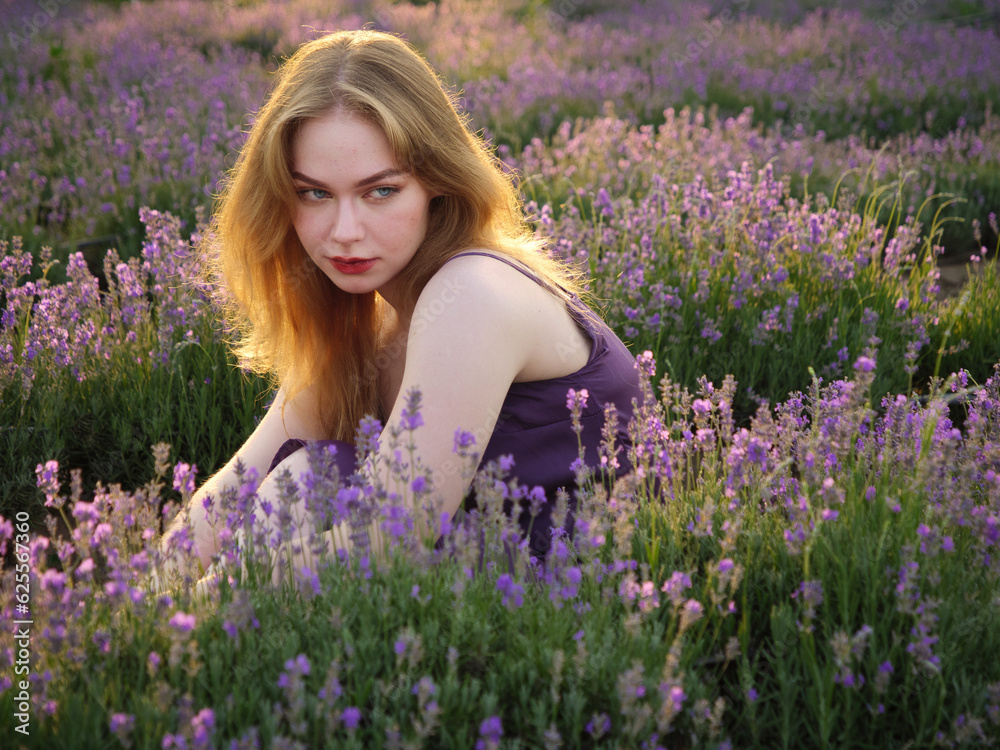 beautiful blonde girl with long hair on a lavender field in the evening beautiful blonde girl with long hair on a lavender field in the evening