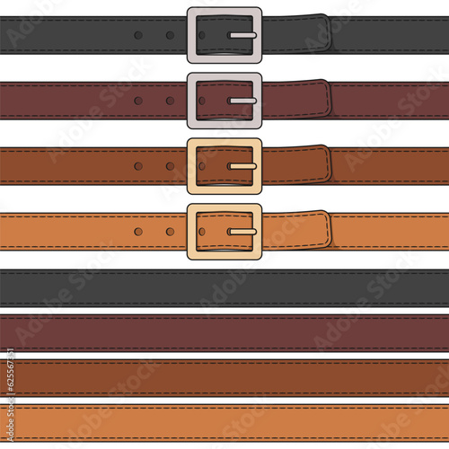 Set of color illustration of leather belt with buckle. Isolated vector object on white background.
