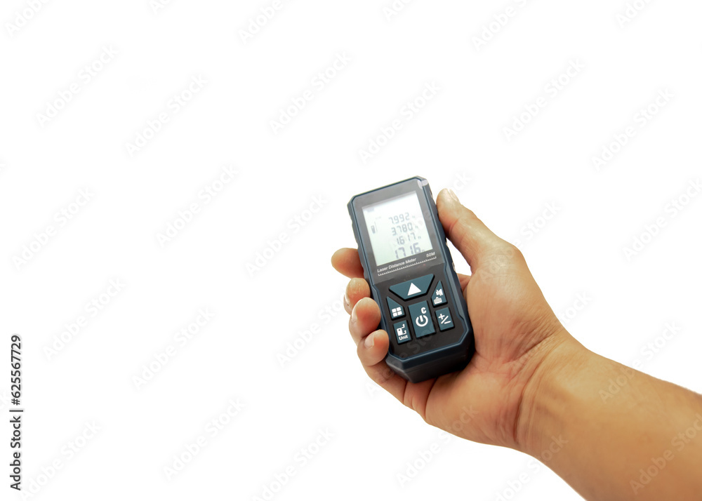 Right Asian hand man holding digital laser measure showing laser distance meter, portable range finder larger backlit handle isolated on white background clipping path Right Asian hand man holding digital laser measure showing laser distance meter, portable range finder larger backlit handle isolated on white background clipping path