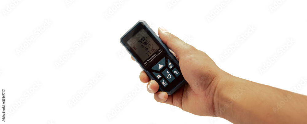 Panorama view Asian hand man holding digital laser measure laser distance meter, portable range finder larger backlit handle isolated on white background clipping path