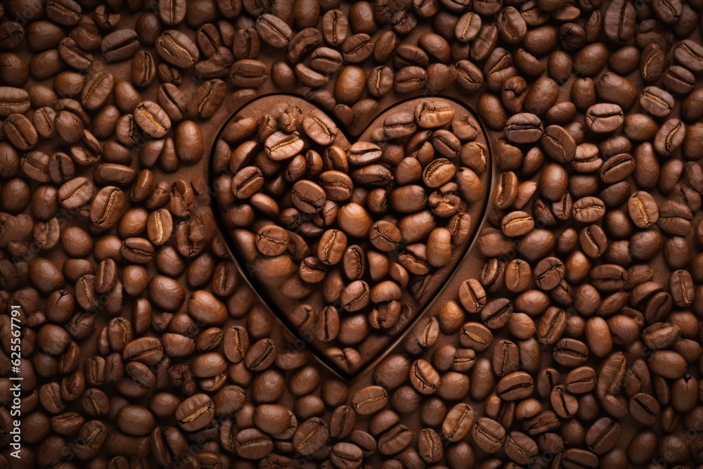 Fresh roasted coffee beans closeup on dark brown background. Shape of a heart. Black and brown beans. Love coffee concept. Top view, flat lay Fresh roasted coffee beans closeup on dark brown background. Shape of a heart. Black and brown beans. Love coffee concept. Top view, flat lay