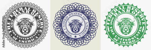 Vector set of fictional seals of the US Federal Reserve Bank. Head of a wild horned buffalo. Stickers, emblems or icons. Light isolated background. photo