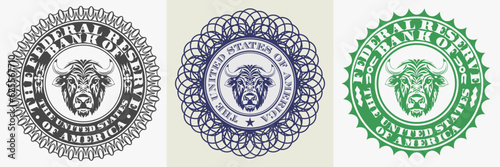 Vector set of fictional seals of the US Federal Reserve Bank. Head of a wild horned buffalo. Stickers, emblems or icons. Light isolated background.