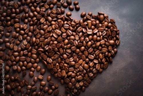 Fresh roasted coffee beans closeup on dark brown background. Shape of a heart. Black and brown beans. Love coffee concept. Top view  flat lay