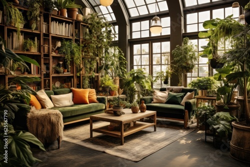 A living room adorned with lush green houseplants and comfortable sofas.