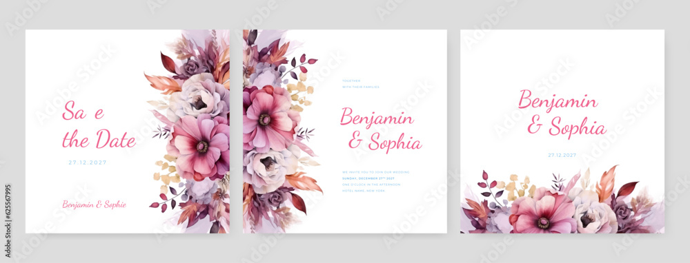 vector beautiful hand drawn roses wedding invitation card set