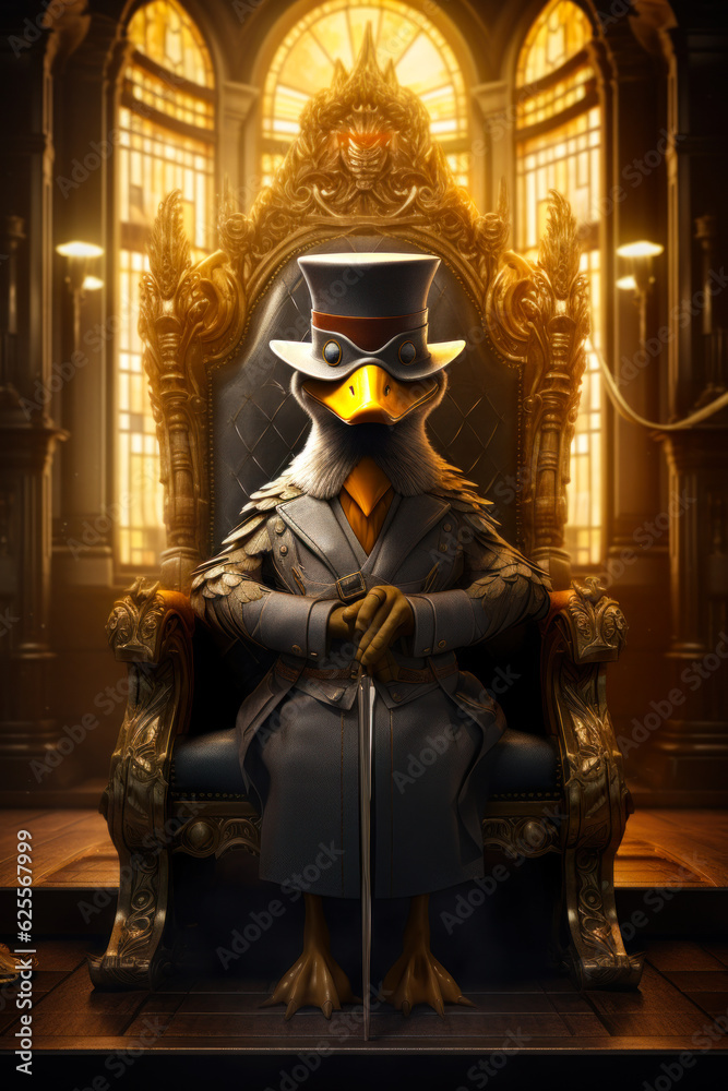 An aristocrat duck in a cylinder hat top sitting on a throne in a fancy and extravagant setting with golden elements.