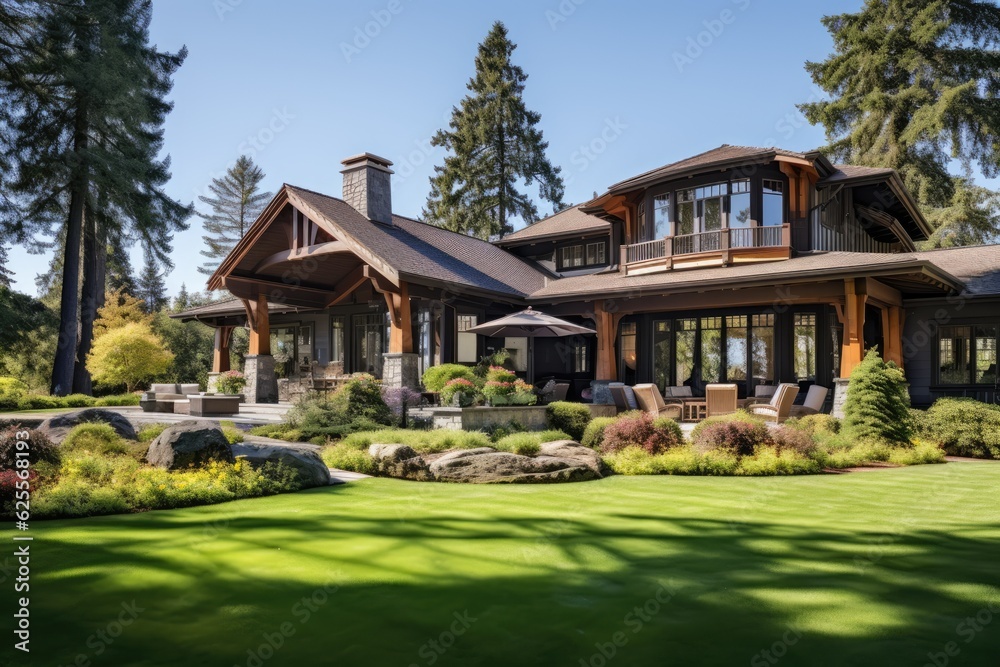 Images captured from the outside of an opulent craftsman style residence situated alongside a golf course, where abundant sunshine beams down from a vibrant blue sky, complemented by lavish greenery