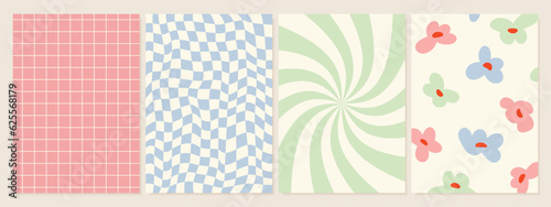 Set of groovy hippie 70s backgrounds. Collection of checkerboard, chessboard, mesh, waves patterns. Twisted and distorted vector texture in trendy retro psychedelic style. Y2k aesthetic