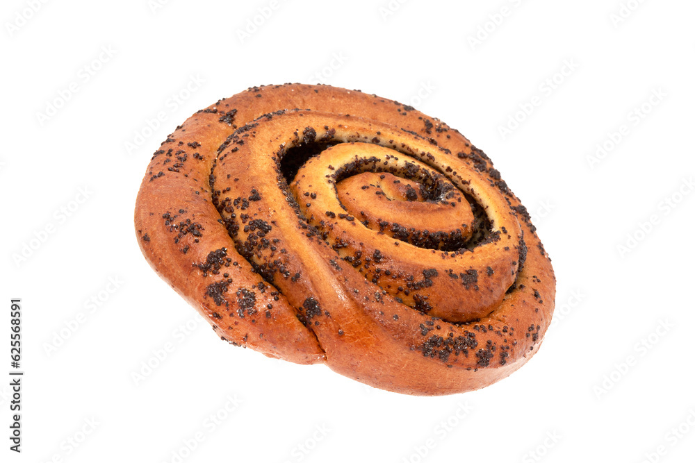 A poppy seed bun without a shadow isolated on a white background. Baked with a golden crust and sprinkled with poppy seeds A poppy seed bun without a shadow isolated on a white background. Baked with a golden crust and sprinkled with poppy seeds